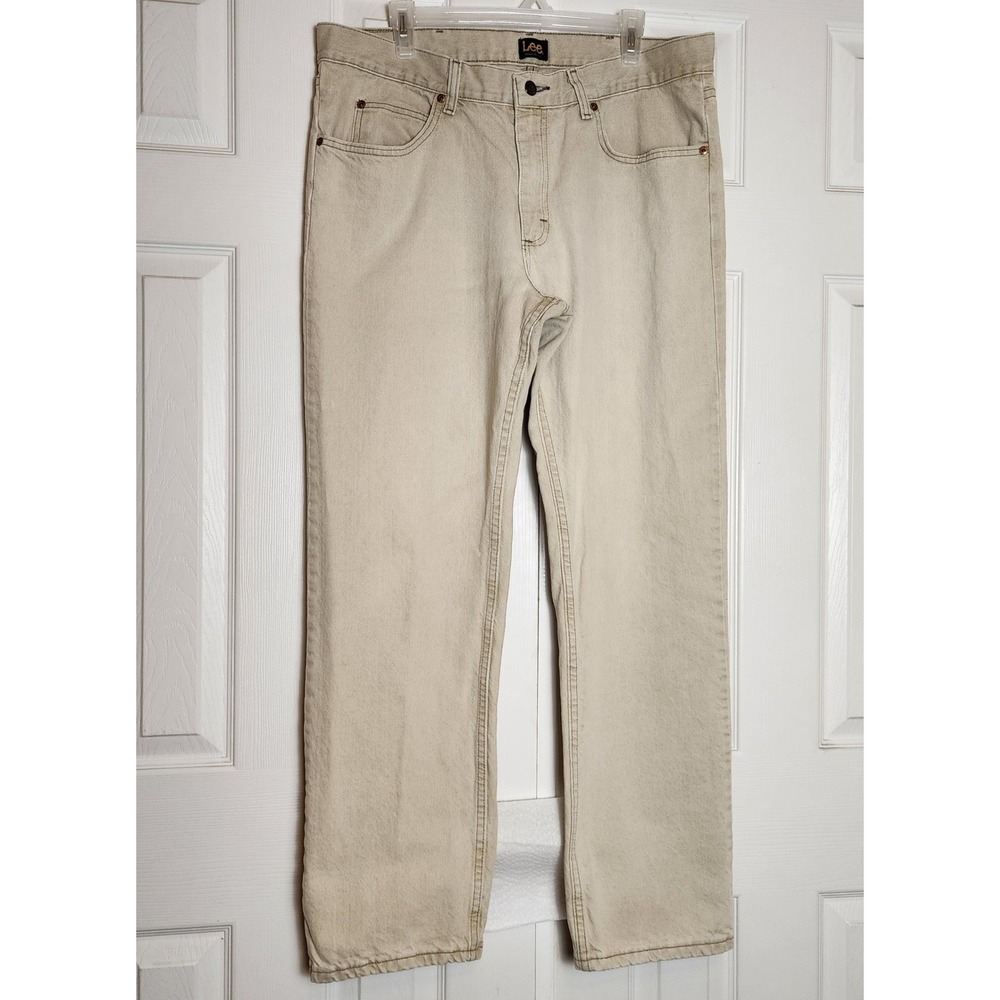 Lee Regular Fit Mens Jeans 38x32 Tan Khaki Cotton Denim Straight Leg